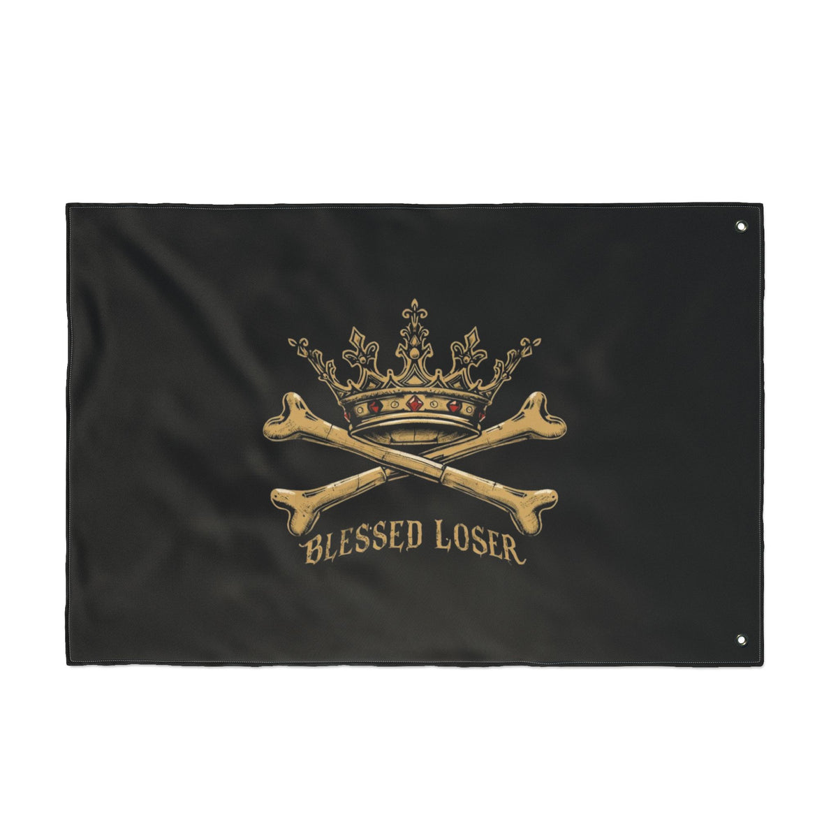 Double-Sided Blessed loser pirate flag featuring a crown and crossed bones on a black background.