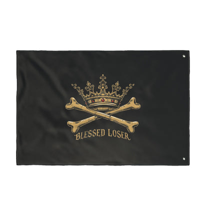 Double-Sided Blessed loser pirate flag featuring a crown and crossed bones on a black background.