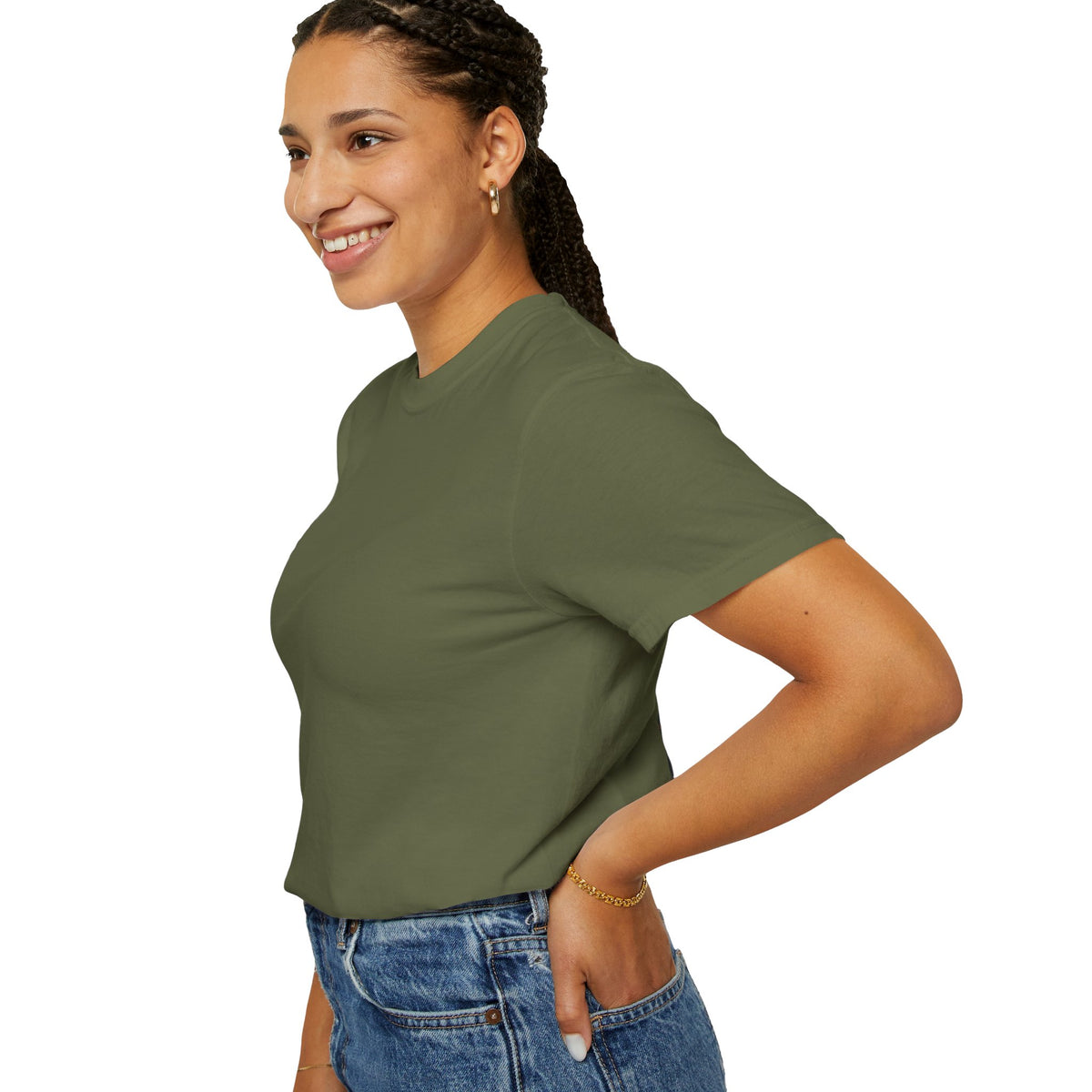 Retro Blessed Loser T-Shirt Comfort Colors modeled by a smiling woman wearing a relaxed fit olive green tee.