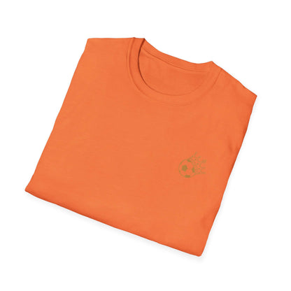Soccer Dad T-Shirt — Retro Soccer Dad Tee, Father’s Day Gift - Folded orange t-shirt with soccer graphic.