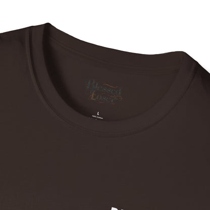 Close-up view of the neckline and label of the Blessed Loser graphic Tee | T-Shirt, showcasing premium quality cotton.