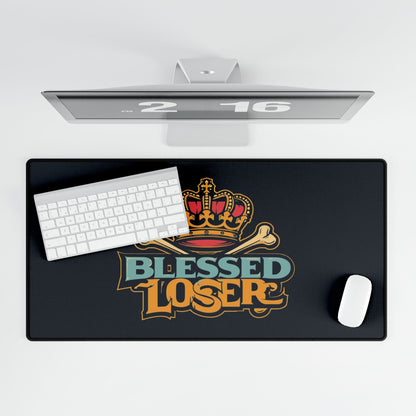 Blessed Loser Desk Mat — Crowned Retro Gaming Mousepad on a desk with a keyboard and mouse.
