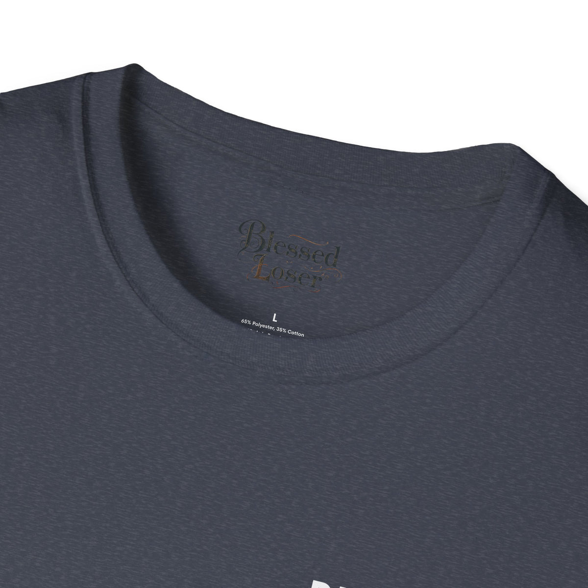 Blessed Loser graphic Tee | T-Shirt close-up of the shirt's collar and label revealing fabric details.
