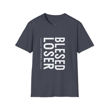 Blessed Loser T-Shirt | Vertical Bold Text Graphic Tee in navy blue with bold white print.