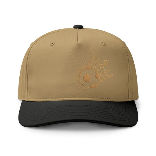 Soccer Crown Two-Tone Cap in khaki and black with embroidered crest, perfect for game day.