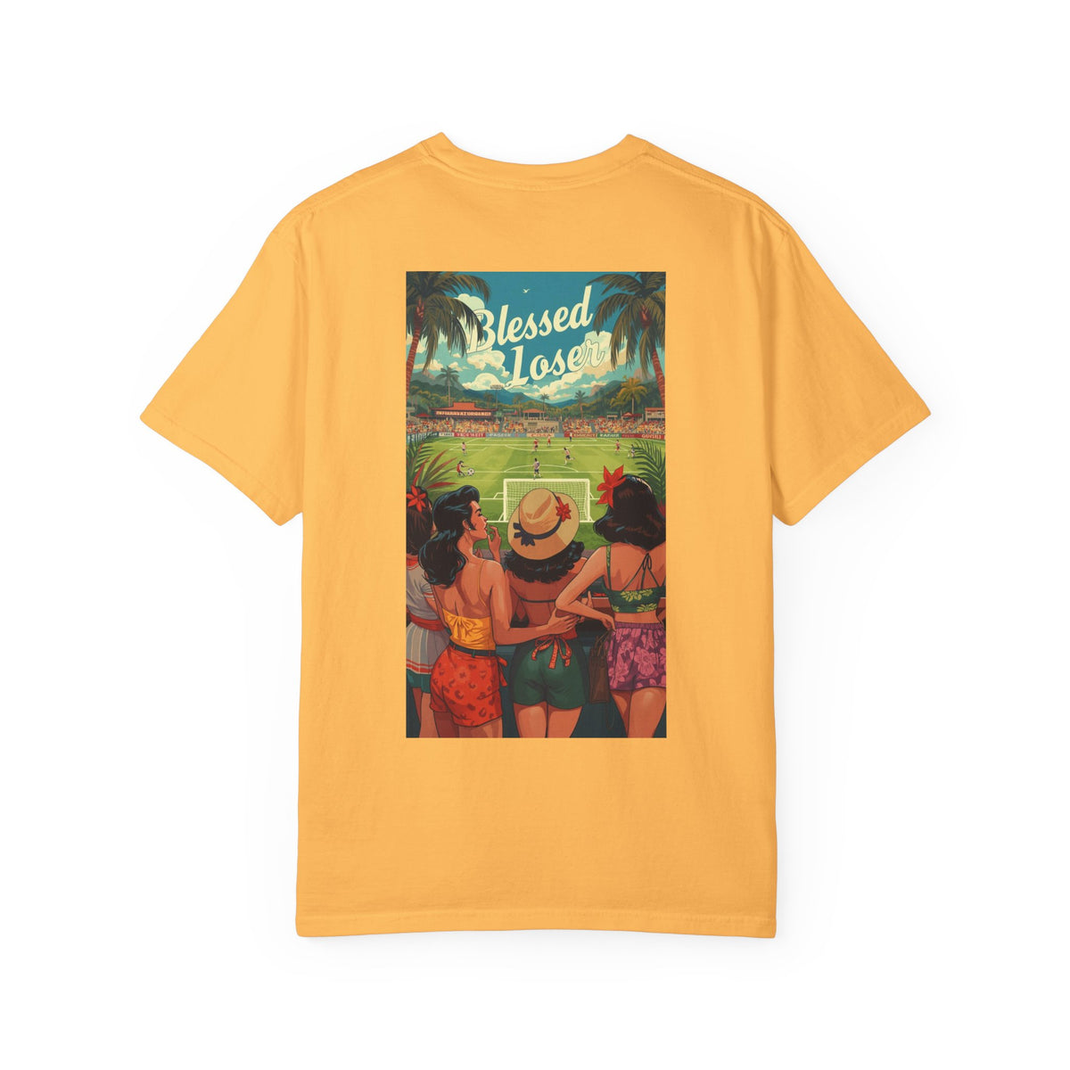 Blessed Losers Garment-Dyed T-Shirt, Comfort colors in citrus color showing a vibrant beach scene.