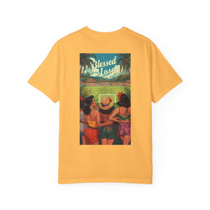 Blessed Losers Garment-Dyed T-Shirt, Comfort colors in citrus color showing a vibrant beach scene.
