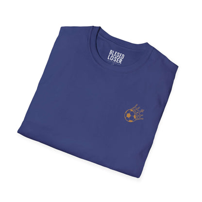 Blessed to Lose, Honored to Win T-Shirt in navy blue with gold soccer ball graphic.