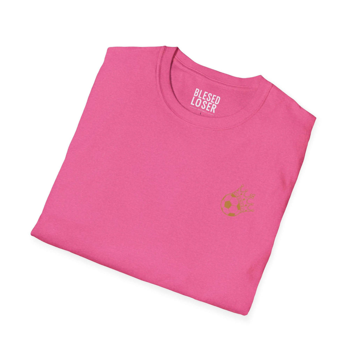 Blessed to Lose, Honored to Win T-Shirt in pink with gold emblem, representing a humble mindset.