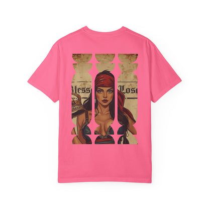 Pirate Woman Illustration T-Shirt | Blessed Loser Graphic Tee with vibrant back design on pink fabric.