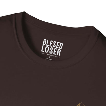 Blessed to Lose, Honored to Win T-Shirt close-up showing the collar and label design on soft cotton fabric.