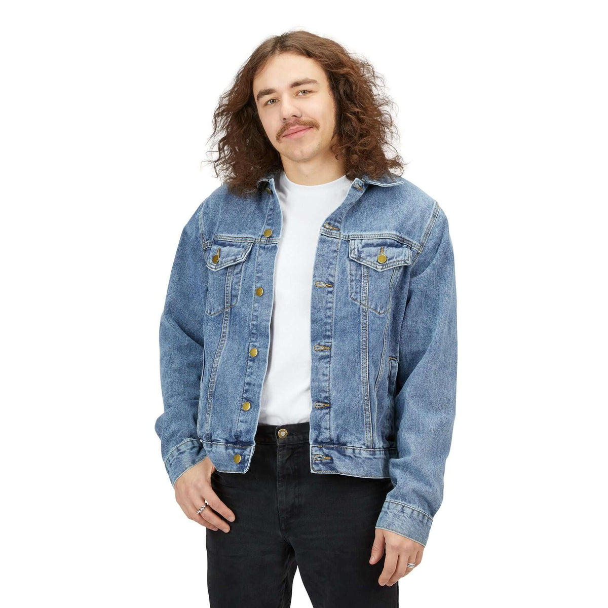 Denim Jacket — Green Skull & Knives Backprint, Men's Casual Streetwear worn by a man in a relaxed pose.