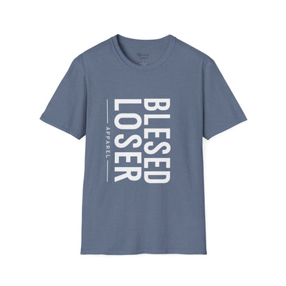 Blessed Loser T-Shirt | Vertical Bold Text Graphic Tee displayed in blue with bold white text.