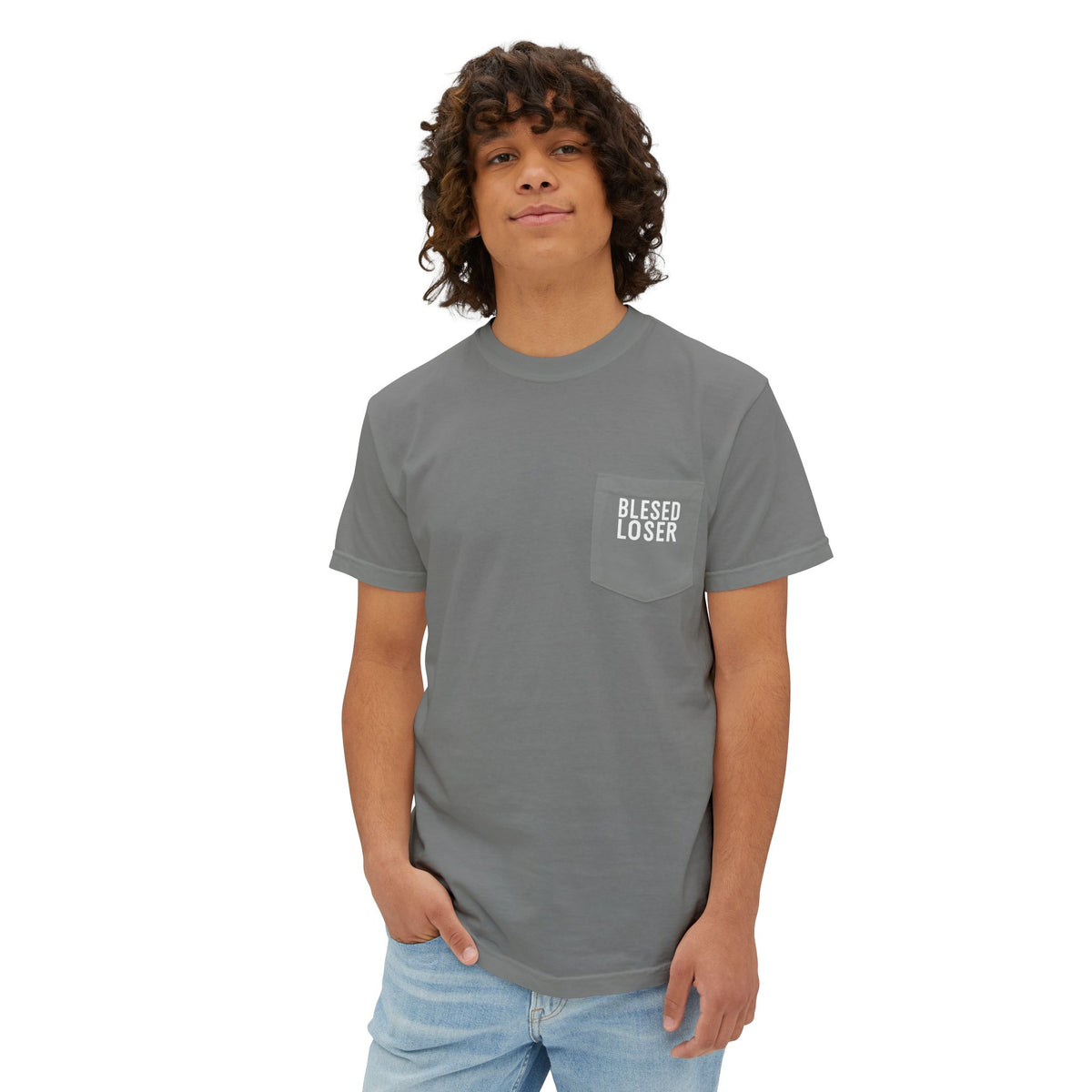 Bridge Burn Pocket T-Shirt - Blessed Loser worn by a model, showcasing relaxed vintage style and left chest pocket design.