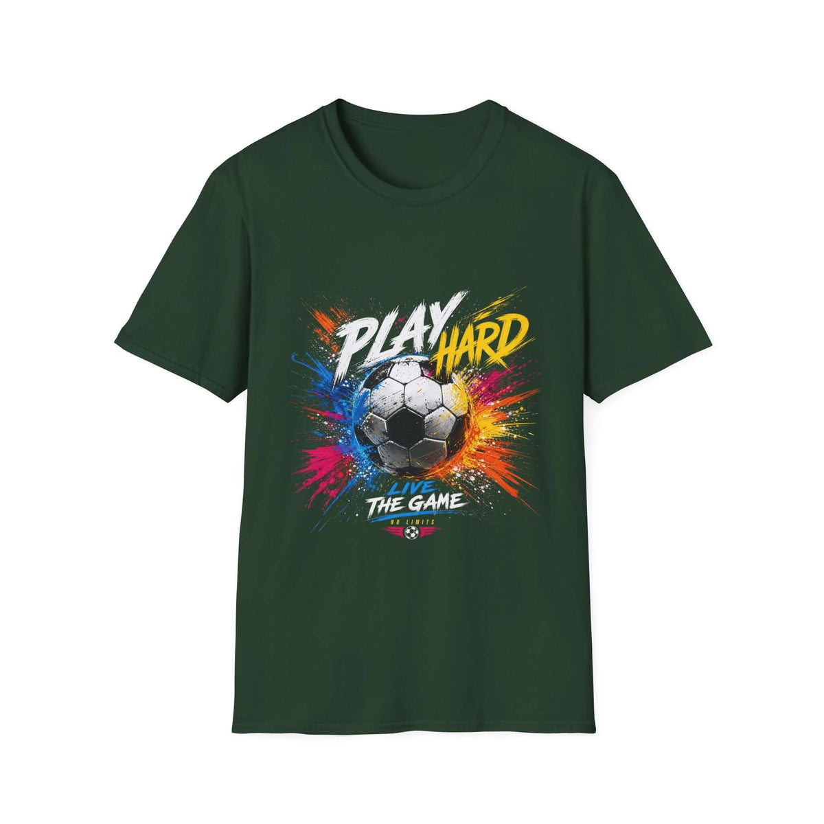 Soccer Splash T-Shirt — "Play Hard, Live" Colorful Football Graphic on Forest Green Cotton Tee