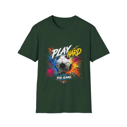 Soccer Splash T-Shirt — "Play Hard, Live" Colorful Football Graphic on Forest Green Cotton Tee