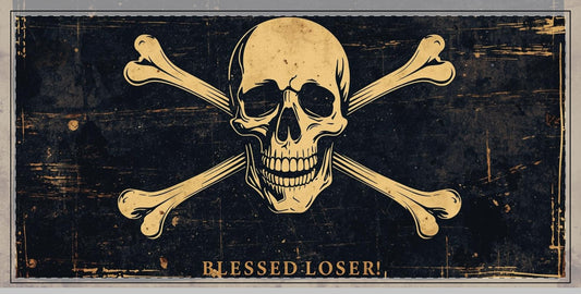 Blessed Loser Skull Desk Mat — Stitched Edge Gaming Mouse Pad featuring aged skull and crossbones design.
