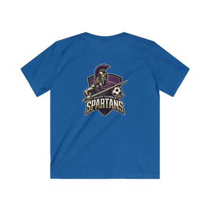 Kids Tee — South Georgia Spartans Soccer Logo Shirt showcasing the Spartan mascot graphic on a blue background.