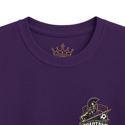 Kids Tee — South Georgia Spartans Soccer Logo Shirt featuring a Spartan mascot emblem on purple fabric.