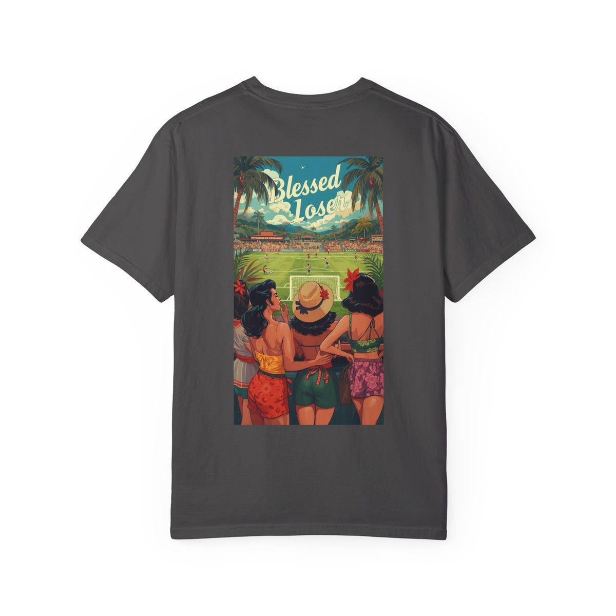 Blessed Losers Garment-Dyed T-Shirt, Comfort colors in graphite with vibrant back graphic featuring friends enjoying a sunny scene.