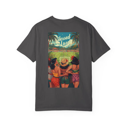 Blessed Losers Garment-Dyed T-Shirt, Comfort colors in graphite with vibrant back graphic featuring friends enjoying a sunny scene.