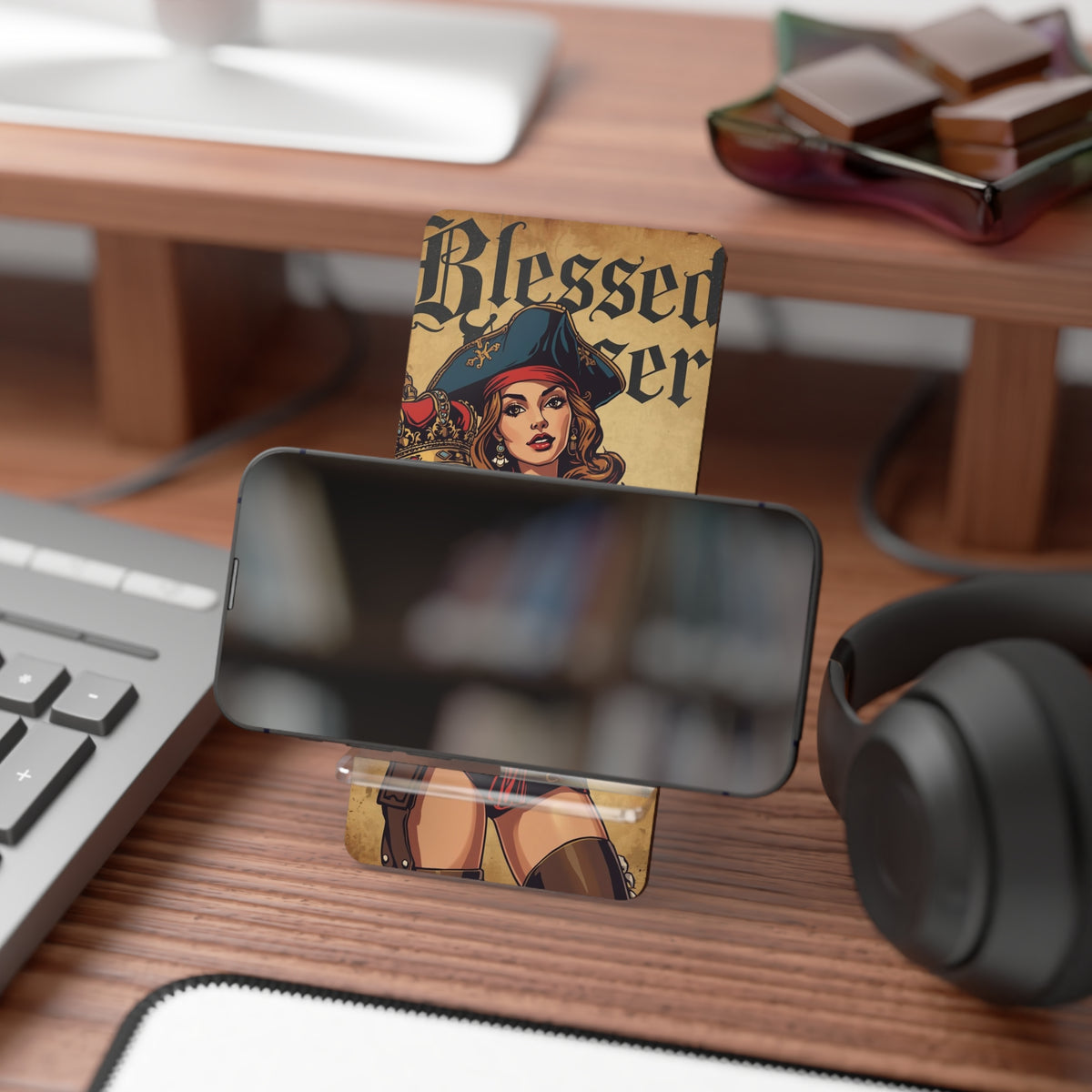Pirate Pin-Up Smartphone Stand — "Blessed Loser" Mobile Display Holder