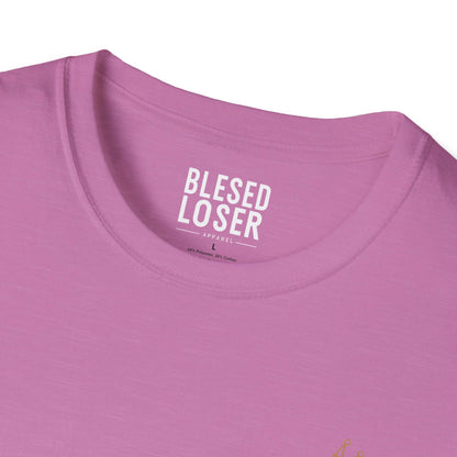 Blessed to Lose, Honored to Win T-Shirt close-up showing label and soft fabric texture.