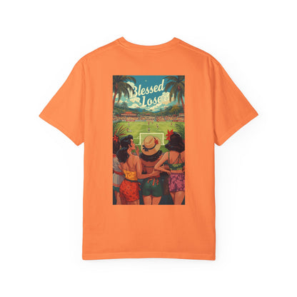 Back view of Blessed Losers Garment-Dyed T-Shirt, Comfort colors in Melon featuring a vibrant tropical design.