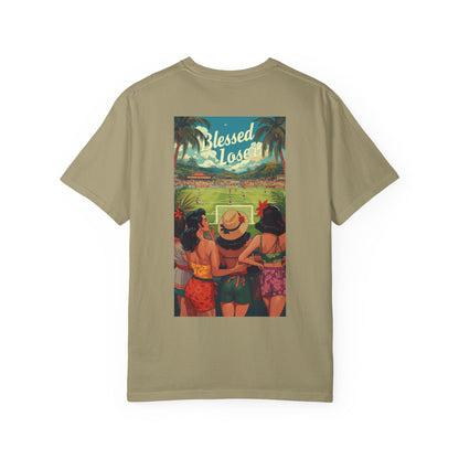 Blessed Losers Garment-Dyed T-Shirt, Comfort colors in khaki with vibrant beach-themed graphic design.