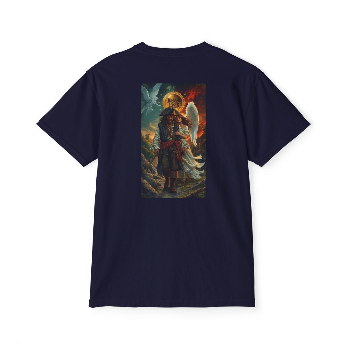 Blessed Loser Captain an Wife Pocket T-Shirt design featuring an angelic figure with a pirate on a vintage navy background.