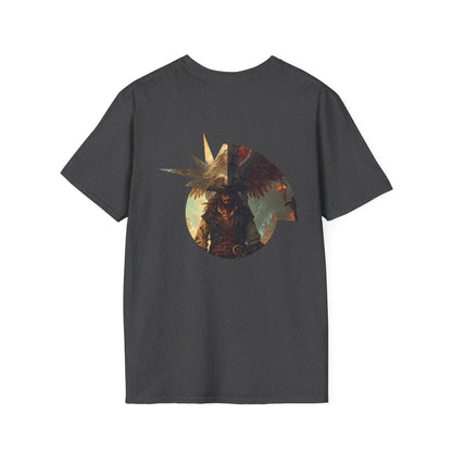Back view of Blessed Loser T-Shirt | Vertical Bold Text Graphic Tee featuring vibrant artwork of a pirate character.