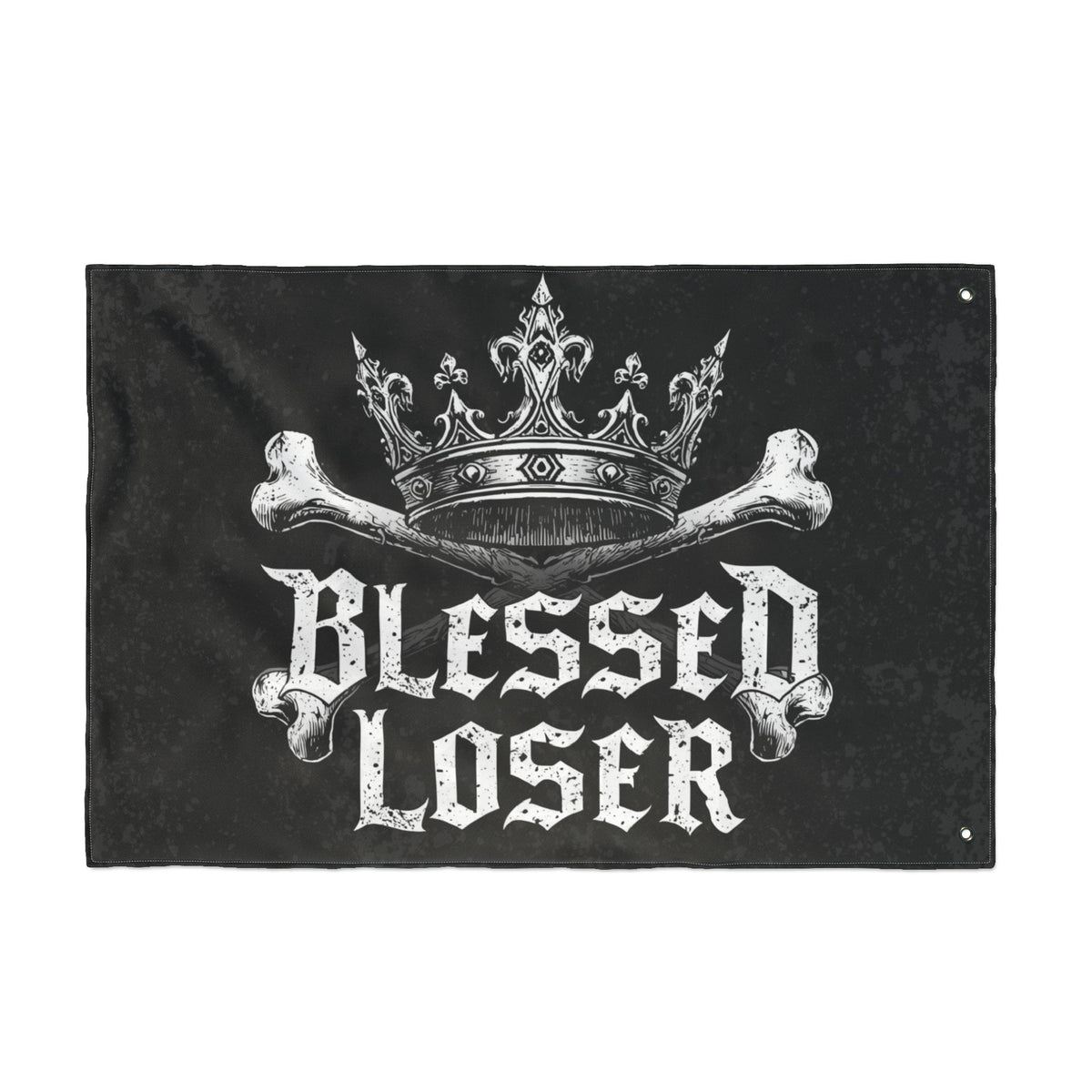 Blessed loser Black flag with crown and bones design, perfect for unique outdoor décor.
