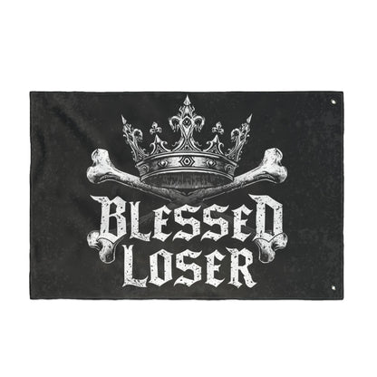 Blessed loser Black flag with crown and bones design, perfect for unique outdoor décor.