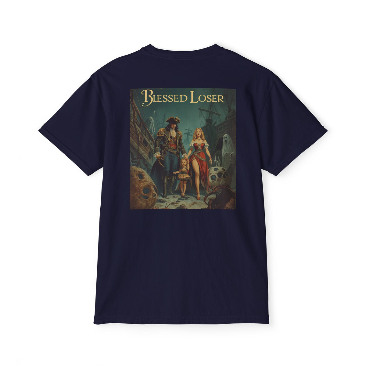 Blessed Loser Graphic Tee, LUU back design with vintage pirate artwork on True Navy t-shirt.