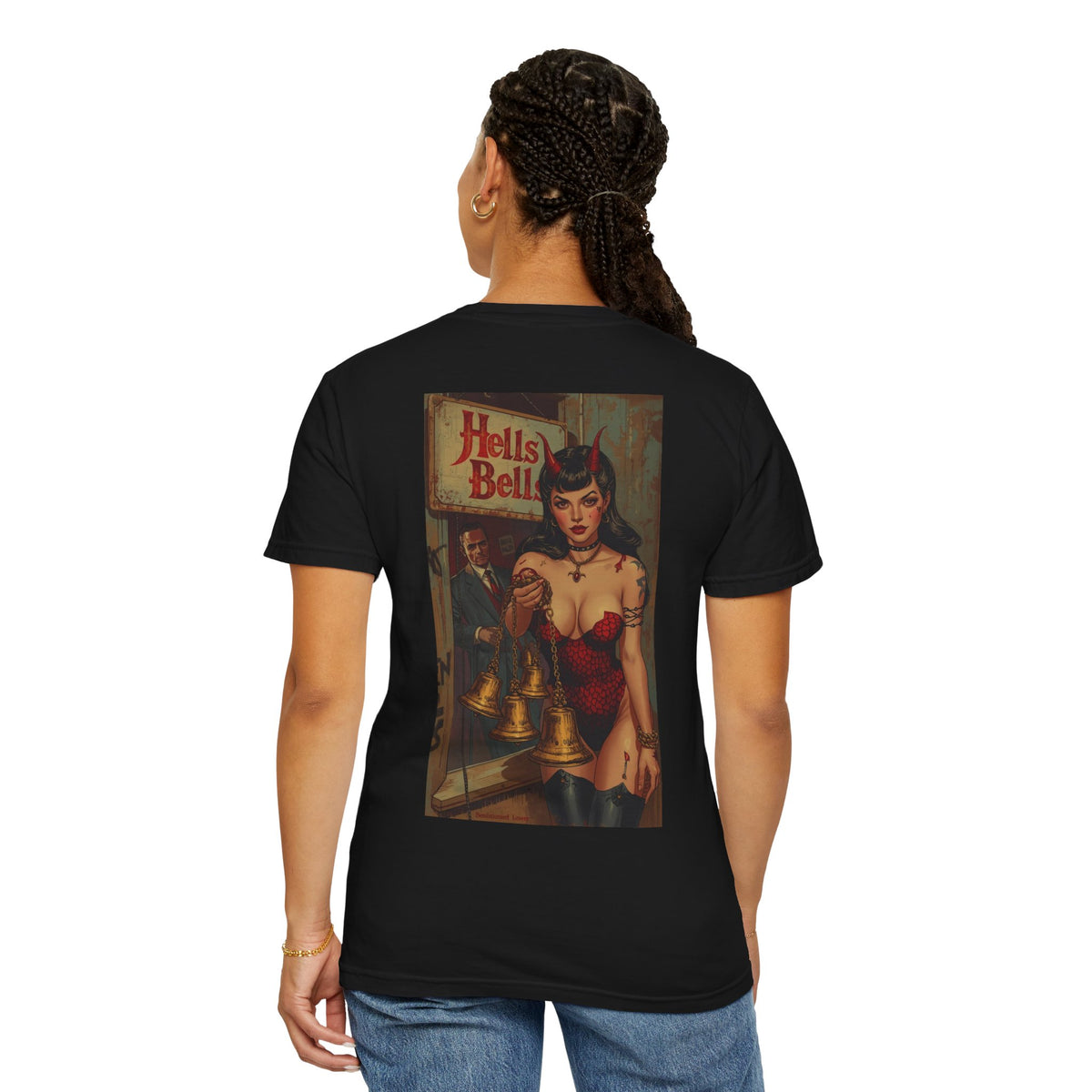 Hells bells Tshirt, Blessed Loser displayed on a model showing the stylish design and vibrant artwork.