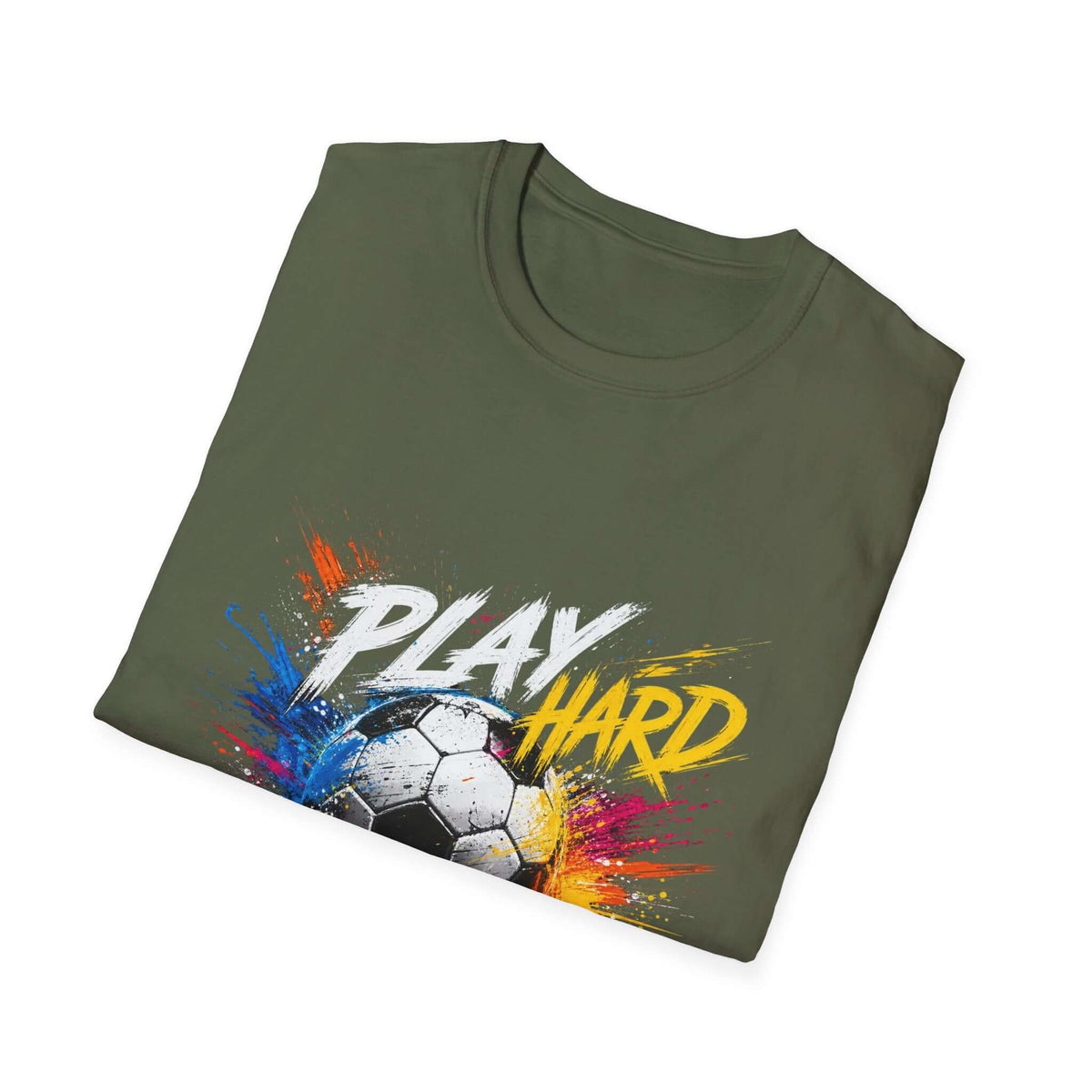 Soccer Splash T-Shirt — "Play Hard, Live" Colorful Football Graphic on a folded green tee.