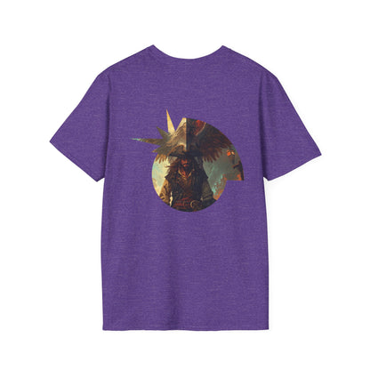 Purple t-shirt featuring an artistic pirate graphic on the back, perfect for casual outings.