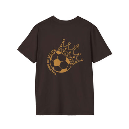 Back view of black t-shirt featuring crown and soccer ball design with text 'THE KING OF SOCCER'.