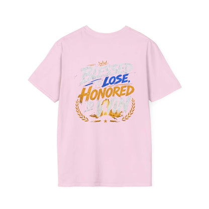 Blessed to Lose, Honored to Win T-Shirt featuring a colorful graphic on a pink background.