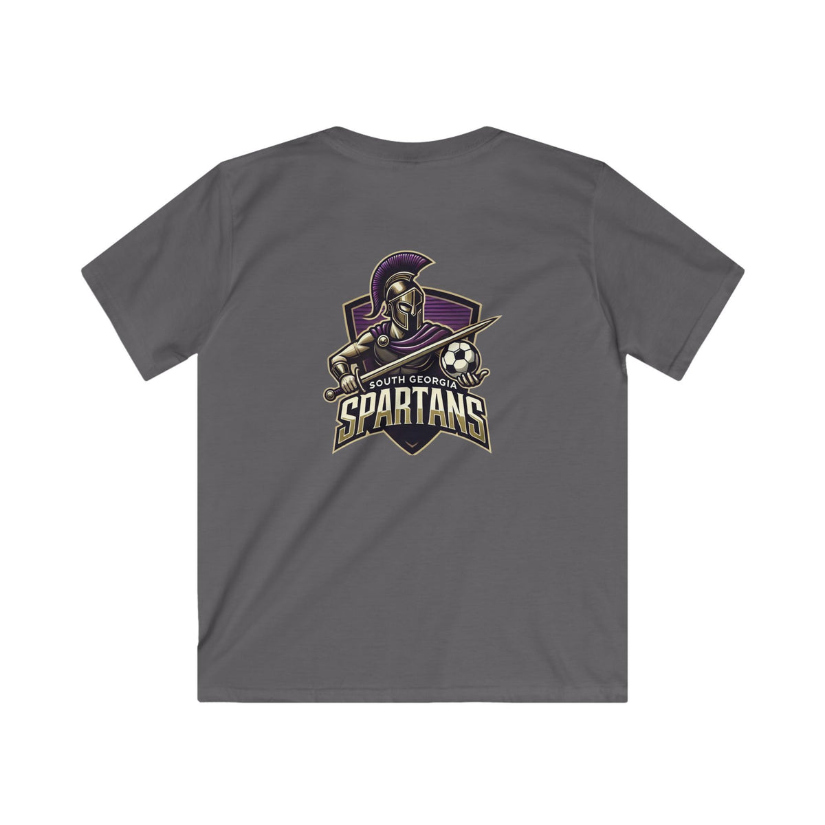 Kids Tee — South Georgia Spartans Soccer Logo Shirt featuring Spartan mascot design on the back.