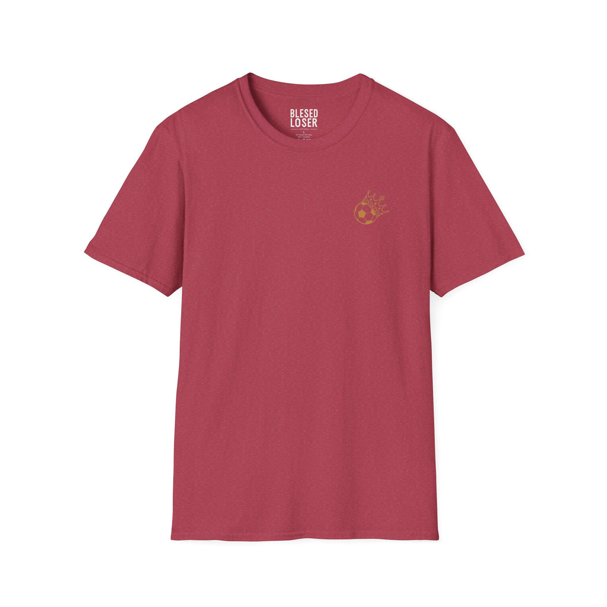 Blessed to Lose, Honored to Win T-Shirt in Heather Cardinal with a graphic in warm golds and cool blues.