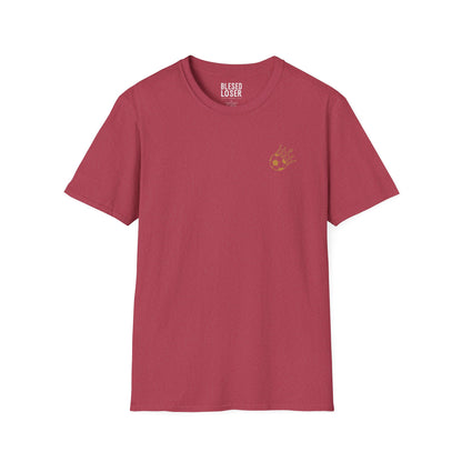 Blessed to Lose, Honored to Win T-Shirt in Heather Cardinal with a graphic in warm golds and cool blues.