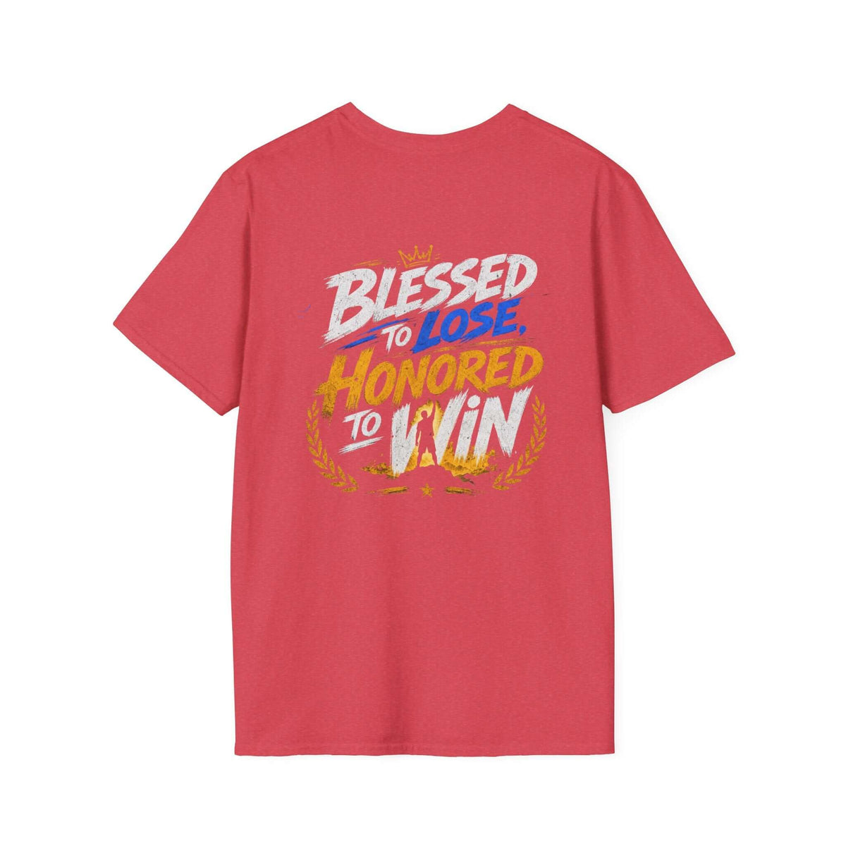 Blessed to Lose, Honored to Win T-Shirt with colorful back graphic on a soft red tee.