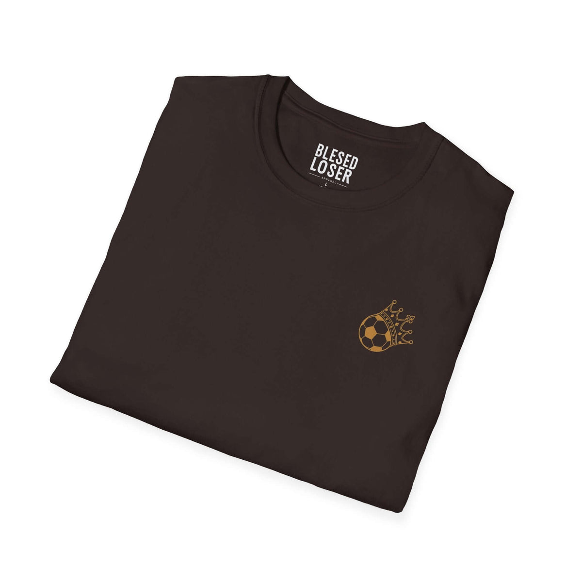 Blessed to Lose, Honored to Win T-Shirt featuring a gold soccer ball graphic on a black tee.