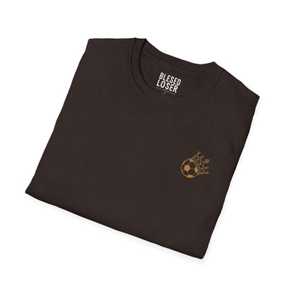Blessed to Lose, Honored to Win T-Shirt featuring a gold soccer ball graphic on a black tee.
