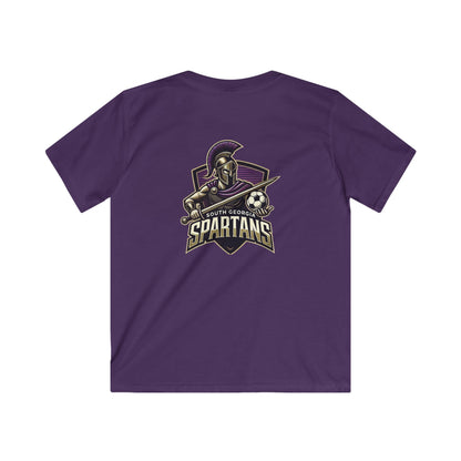 Kids Tee — South Georgia Spartans Soccer Logo Shirt featuring Spartan mascot graphic on purple fabric.