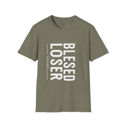 Blessed Loser T-Shirt | Vertical Bold Text Graphic Tee in olive green with bold white print.