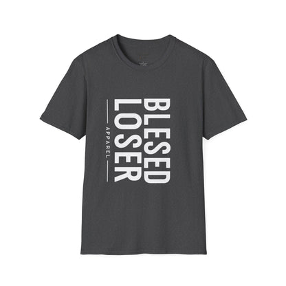 Blessed Loser T-Shirt | Vertical Bold Text Graphic Tee featuring bold white text on a dark fabric.