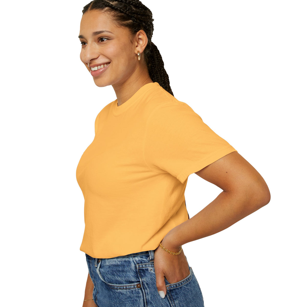 Blessed Losers Garment-Dyed T-Shirt, Comfort colors in vibrant yellow worn by a smiling woman.
