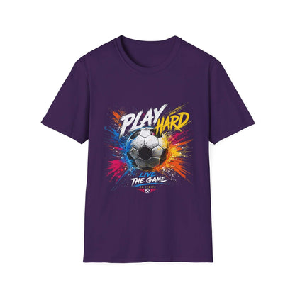 Soccer Splash T-Shirt — "Play Hard, Live" Colorful Football Graphic in purple with dynamic splashes and soccer ball design.